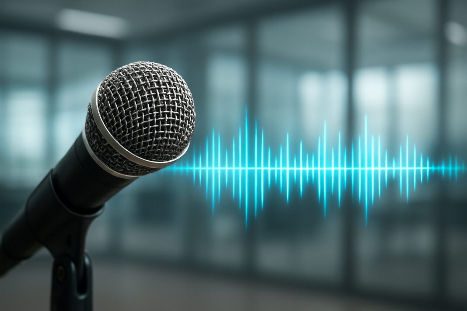 Close-up of a microphone with a sound wave visualization in the background