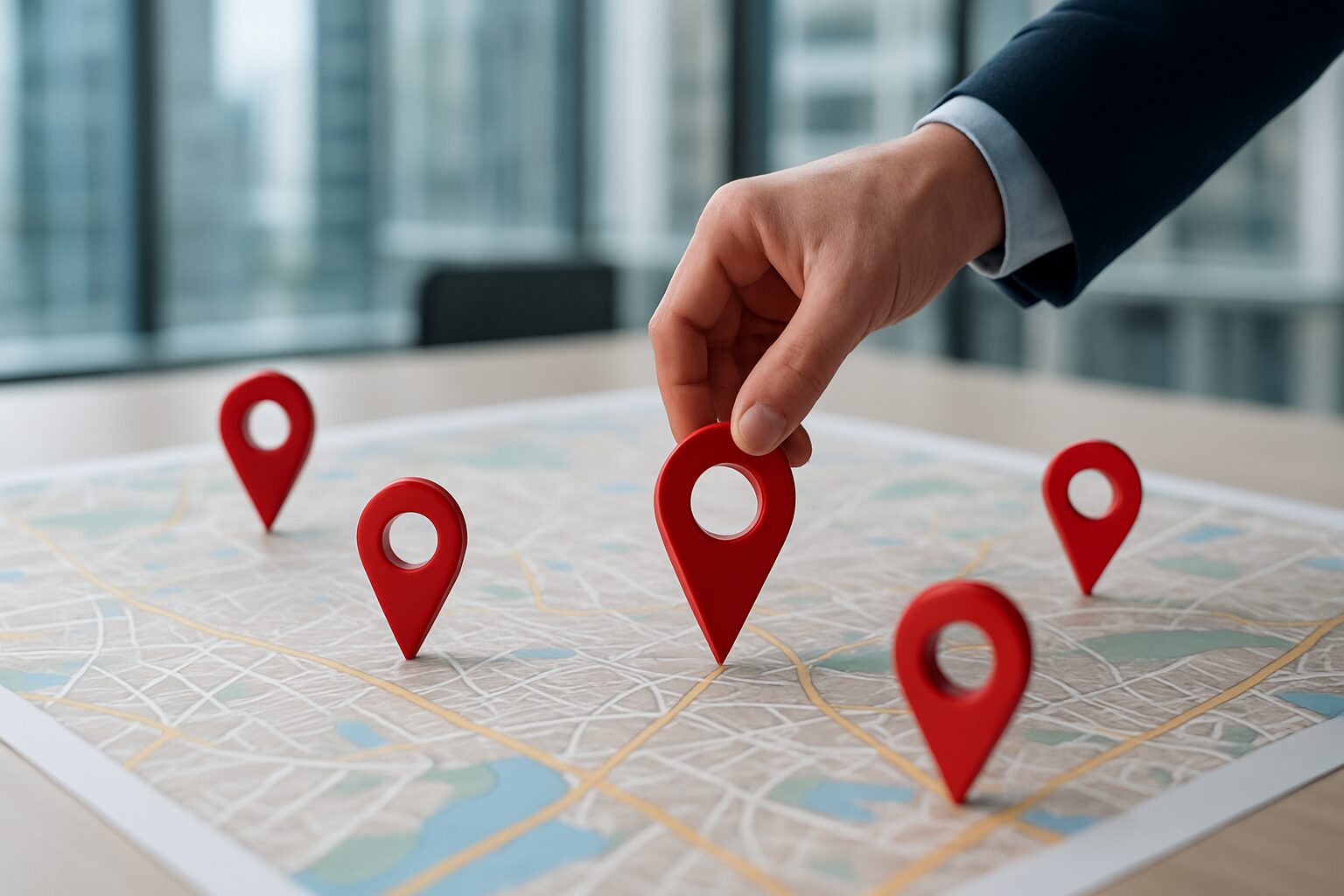 A close-up view of a hand placing a red location pin on a map, symbolizing local SEO strategies.